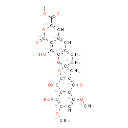 ChemSpider 2D Image | Methyl 8,10'-dihydroxy-5,7-bis[(~13~C)methyloxy]-4,9,9'-trioxo(~13~C_23_)-4,4',9,9'-tetrahydro-3H,3'H-spiro[naphtho[2,3-b]furan-2,2'-pyrano[4,3-g]chromene]-7'-carboxylate | C213C25H20O12