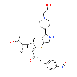 ChemSpider 2D Image | 4-Nitrobenzyl (4R,5S,6S)-6-[(1R)-1-hydroxyethyl]-3-({(3S,5S)-5-[1-(2-hydroxyethyl)-4-piperidinyl]-3-pyrrolidinyl}sulfanyl)-4-methyl-7-oxo-1-azabicyclo[3.2.0]hept-2-ene-2-carboxylate | C28H38N4O7S