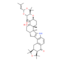 ChemSpider 2D Image | (3S,4aR,4bS,5aS,5bS,7aS,9aS,12aR,16bS,16cR,18aS,19aS)-5b-Hydroxy-1,1,10,10,12,12,16b,16c-octamethyl-3-(2-methyl-1-propen-1-yl)-1,4a,4b,6,7,7a,9,9a,10,12,12a,16,16b,16c,17,18,18a,19a-octadecahydro-5bH-
[2]benzofuro[5,6-e][1,3]dioxino[5'',4'':2',3']oxireno[4',4a']chromeno[5',6':6,7]indeno[1,2-b]indol-13(8H)-one | C42H55NO7