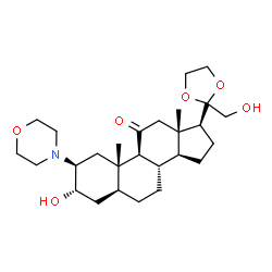 ChemSpider 2D Image | (2beta,3alpha,5alpha,17beta)-3-Hydroxy-17-[2-(hydroxymethyl)-1,3-dioxolan-2-yl]-2-(4-morpholinyl)androstan-11-one | C27H43NO6