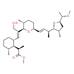 ChemSpider 2D Image | Methyl (2R)-2-{(1S,2S,6R)-2-[(1E)-3-hydroxy-2-{(2R,3R,6S)-6-[(1E,3S)-3-{(2R,3S,5R)-5-[(1S)-1-methoxyethyl]-3-methyltetrahydro-2-furanyl}-1-buten-1-yl]-3-methyltetrahydro-2H-pyran-2-yl}-1-propen-1-yl]-
6-methylcyclohexyl}propanoate | C32H54O6