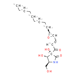 ChemSpider 2D Image | (3S,4S,5S)-3,4-Dihydroxy-5-(hydroxymethyl)-3-[(2E)-3-[(2S,3S)-3-[(1,3,5,7,9-~13~C_5_)nonyl](2-~13~C)-2-oxiranyl](2-~13~C)-2-propenoyl]-2-(3-~13~C)pyrrolidinone | C1113C8H31NO6