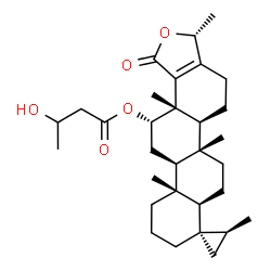 ChemSpider 2D Image | (2'S,3R,5aS,5bR,7aR,8S,11aR,11bR,13S,13aS)-2',3,5b,11a,13a-Pentamethyl-1-oxo-1,4,5,5a,5b,6,7,7a,9,10,11,11a,11b,12,13,13a-hexadecahydro-3H-spiro[chryseno[1,2-c]furan-8,1'-cyclopropan]-13-yl 3-hydroxyb
utanoate | C31H46O5