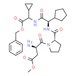 ChemSpider 2D Image | Methyl (3R)-3-amino-4-[(2S)-2-{[(1R)-2-{[2-(benzyloxy)-1-cyclopropyl-2-oxoethyl]amino}-1-cyclopentyl-2-oxoethyl]carbamoyl}-1-pyrrolidinyl]-4-oxobutanoate | C29H40N4O7