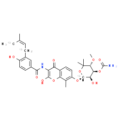 ChemSpider 2D Image | (3R,4S,5R,6R)-5-Hydroxy-6-{[2-hydroxy-3-({4-hydroxy-3-[3-methyl(1,4-~13~C_2_)-2-buten-1-yl]benzoyl}amino)-8-methyl-4-oxo-4H-chromen-7-yl]oxy}-3-methoxy-2,2-dimethyl(6-~13~C)tetrahydro-2H-pyran-4-yl ca
rbamate | C2813C3H36N2O11