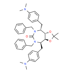 ChemSpider 2D Image | (3aS,4R,8R,8aS)-5,7-Dibenzyl-4,8-bis[4-(dimethylamino)benzyl]-2,2-dimethylhexahydro-6H-[1,3]dioxolo[4,5-e][1,3]diazepin-6-one | C40H48N4O3