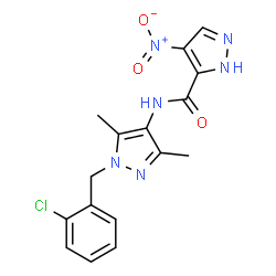 ChemSpider 2D Image | N-[1-(2-Chlorobenzyl)-3,5-dimethyl-1H-pyrazol-4-yl]-4-nitro-1H-pyrazole-5-carboxamide | C16H15ClN6O3