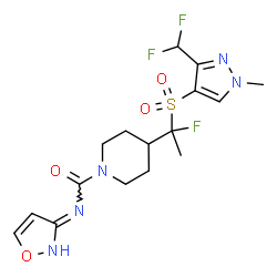 ChemSpider 2D Image | 4-(1-{[3-(Difluoromethyl)-1-methyl-1H-pyrazol-4-yl]sulfonyl}-1-fluoroethyl)-N-[(3E)-1,2-oxazol-3(2H)-ylidene]-1-piperidinecarboxamide | C16H20F3N5O4S
