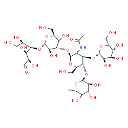 ChemSpider 2D Image | 6-Deoxy-alpha-L-galactopyranosyl-(1->4)-[beta-D-gulopyranosyl-(1->3)]-2-acetamido-2-deoxy-beta-D-glucopyranosyl-(1->3)-alpha-L-altropyranosyl-(1->4)-D-glucose | C32H55NO25