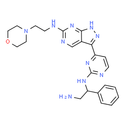ChemSpider 2D Image | N~1~-[4-(6-{[2-(4-Morpholinyl)ethyl]amino}-1H-pyrazolo[3,4-d]pyrimidin-3-yl)-2-pyrimidinyl]-1-phenyl-1,2-ethanediamine | C23H28N10O
