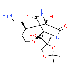 ChemSpider 2D Image | (1S,5R,6R)-5-(2-Aminoethyl)-6-hydroxy-1-{(R)-hydroxy[(4S)-2,2,4-trimethyl-1,3-dioxolan-4-yl]methyl}-2-oxa-7,9-diazabicyclo[4.2.2]decane-8,10-dione | C16H27N3O7