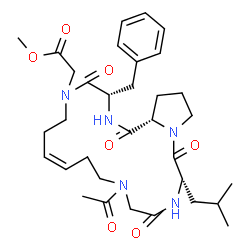 ChemSpider 2D Image | Methyl [(3S,16S,21aS)-12-acetyl-3-benzyl-16-isobutyl-1,4,14,17-tetraoxo-1,2,3,4,6,7,10,11,12,13,14,15,16,17,19,20,21,21a-octadecahydro-5H-pyrrolo[2,1-f][1,4,7,10,13]pentaazacyclononadecin-5-yl]acetate | C33H47N5O7