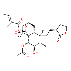 ChemSpider 2D Image | (1R,3R,4S,5R,6R,8R,10R,11R)-2-Acetoxy-3-hydroxy-4,5-dimethyl-5-{2-[(3S)-2-oxotetrahydro-3-furanyl]ethyl}spiro[12-oxatricyclo[6.2.2.0~1,6~]dodecane-10,2'-oxiran]-11-yl (2E)-2-methyl-2-butenoate | C27H38O9