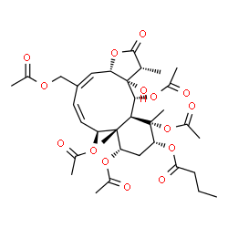 ChemSpider 2D Image | (1R,3aS,4E,6Z,8S,8aR,9S,11R,12S,12aS,13R,13aS)-8,9,12,13-Tetraacetoxy-5-(acetoxymethyl)-13a-hydroxy-1,8a,12-trimethyl-2-oxo-1,2,3a,8,8a,9,10,11,12,12a,13,13a-dodecahydrobenzo[4,5]cyclodeca[1,2-b]furan
-11-yl butyrate | C34H46O15