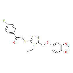 ChemSpider 2D Image | 2-({5-[(1,3-Benzodioxol-5-yloxy)methyl]-4-ethyl-4H-1,2,4-triazol-3-yl}sulfanyl)-1-(4-fluorophenyl)ethanone | C20H18FN3O4S