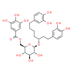 ChemSpider 2D Image | (3R)-1,7-Bis(3,4-dihydroxyphenyl)-3-heptanyl 6-O-(3,4,5-trihydroxybenzoyl)-beta-D-glucopyranoside | C32H38O14
