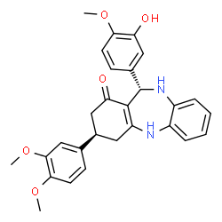 ChemSpider 2D Image | (3R,11S)-3-(3,4-Dimethoxyphenyl)-11-(3-hydroxy-4-methoxyphenyl)-2,3,4,5,10,11-hexahydro-1H-dibenzo[b,e][1,4]diazepin-1-one | C28H28N2O5
