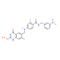 ChemSpider 2D Image | 2-fluoro-4-[{[4-hydroxy-2-(hydroxymethyl)-7-methylquinazolin-6-yl]methyl}(methyl)amino]-N-(3-nitrobenzyl)benzamide | C26H24FN5O5