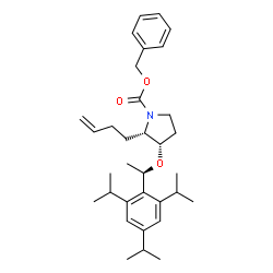 ChemSpider 2D Image | Benzyl (2S,3S)-2-(3-buten-1-yl)-3-[(1R)-1-(2,4,6-triisopropylphenyl)ethoxy]-1-pyrrolidinecarboxylate | C33H47NO3