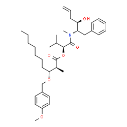 ChemSpider 2D Image | (2S)-1-{[(2S,3R)-3-Hydroxy-1-phenyl-5-hexen-2-yl](methyl)amino}-3-methyl-1-oxo-2-butanyl (2S,3R)-3-[(4-methoxybenzyl)oxy]-2-methyldecanoate | C37H55NO6