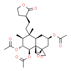 ChemSpider 2D Image | (1R,3R,4aR,5R,6S,7R,8R,8aR)-8a-Formyl-5,6-dimethyl-5-{2-[(3S)-2-oxotetrahydro-3-furanyl]ethyl}octahydro-2H-spiro[naphthalene-1,2'-oxirane]-3,7,8-triyl triacetate | C26H36O10