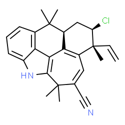 ChemSpider 2D Image | (5aR,7R,8R)-7-Chloro-5,5,8,11,11-pentamethyl-8-vinyl-5,5a,6,7,8,11-hexahydro-1H-1-azacyclohepta[mno]aceanthrylene-10-carbonitrile | C26H27ClN2