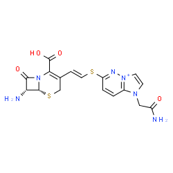ChemSpider 2D Image | 6-({(E)-2-[(6R,7R)-7-Amino-2-carboxy-8-oxo-5-thia-1-azabicyclo[4.2.0]oct-2-en-3-yl]vinyl}sulfanyl)-1-(2-amino-2-oxoethyl)-1H-imidazo[1,2-b]pyridazin-4-ium | C17H17N6O4S2