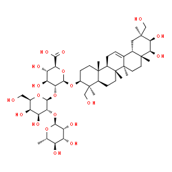 ChemSpider 2D Image | (3beta,21beta,22beta)-21,22,24,30-Tetrahydroxyolean-12-en-3-yl 6-deoxy-alpha-L-mannopyranosyl-(1->2)-beta-D-galactopyranosyl-(1->2)-beta-D-glucopyranosiduronic acid | C48H78O20
