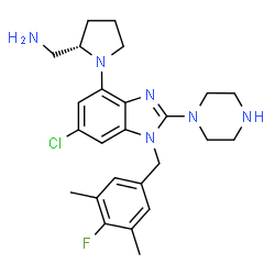 ChemSpider 2D Image | 1-{(2S)-1-[6-Chloro-1-(4-fluoro-3,5-dimethylbenzyl)-2-(1-piperazinyl)-1H-benzimidazol-4-yl]-2-pyrrolidinyl}methanamine | C25H32ClFN6