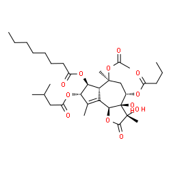 ChemSpider 2D Image | (3S,3aR,4S,6S,6aR,7S,8S,9bS)-6-Acetoxy-4-(butyryloxy)-3,3a-dihydroxy-3,6,9-trimethyl-8-[(3-methylbutanoyl)oxy]-2-oxo-2,3,3a,4,5,6,6a,7,8,9b-decahydroazuleno[4,5-b]furan-7-yl octanoate | C34H52O12