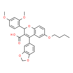 ChemSpider 2D Image | 4-(1,3-Benzodioxol-5-yl)-6-butoxy-2-(2,4-dimethoxyphenyl)-2H-chromene-3-carboxylic acid | C29H28O8