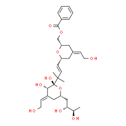 ChemSpider 2D Image | [(2S,4E,6R)-6-{(1E)-3-[(2S,3S,4E,6S)-6-[(2R,3R)-2,3-Dihydroxybutyl]-2,3-dihydroxy-4-(2-hydroxyethylidene)tetrahydro-2H-pyran-2-yl]-3-methyl-1-buten-1-yl}-4-(2-hydroxyethylidene)tetrahydro-2H-pyran-2-y
l]methyl benzoate | C31H44O10