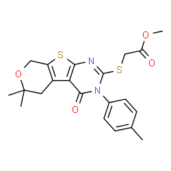 ChemSpider 2D Image | Methyl {[6,6-dimethyl-3-(4-methylphenyl)-4-oxo-3,5,6,8-tetrahydro-4H-pyrano[4',3':4,5]thieno[2,3-d]pyrimidin-2-yl]sulfanyl}acetate | C21H22N2O4S2