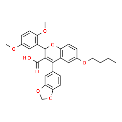 ChemSpider 2D Image | 4-(1,3-Benzodioxol-5-yl)-6-butoxy-2-(2,5-dimethoxyphenyl)-2H-chromene-3-carboxylic acid | C29H28O8