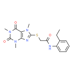 ChemSpider 2D Image | N-(2-Ethylphenyl)-2-[(1,3,7-trimethyl-2,6-dioxo-2,3,6,7-tetrahydro-1H-purin-8-yl)sulfanyl]acetamide | C18H21N5O3S