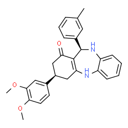 ChemSpider 2D Image | (3R,11R)-3-(3,4-Dimethoxyphenyl)-11-(3-methylphenyl)-2,3,4,5,10,11-hexahydro-1H-dibenzo[b,e][1,4]diazepin-1-one | C28H28N2O3