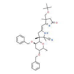 ChemSpider 2D Image | (1S)-1,5-Anhydro-2,4-di-O-benzyl-1-{(3R,5Z)-2-cyano-2,3-dimethyl-5-[(4-methyl-4-{[(2-methyl-2-propanyl)oxy]methyl}-2-oxo-3,4-dihydro-2H-pyrrol-5-yl)methylene]-3-pyrrolidinyl}-3,6-dideoxy-D-xylo-hexito
l | C38H49N3O5