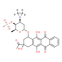 ChemSpider 2D Image | (3S)-3-Acetyl-3,5,12-trihydroxy-6,11-dioxo-1,2,3,4,6,11-hexahydro-1-tetracenyl 3-(~2~H_4_)-1-aziridinyl-2,3,6-trideoxy-4-O-(methylsulfonyl)-alpha-L-lyxo-hexopyranoside | C29H27D4NO11S