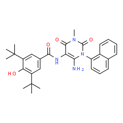 ChemSpider 2D Image | N-[6-Amino-3-methyl-1-(1-naphthyl)-2,4-dioxo-1,2,3,4-tetrahydro-5-pyrimidinyl]-4-hydroxy-3,5-bis(2-methyl-2-propanyl)benzamide | C30H34N4O4