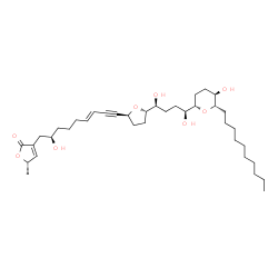 ChemSpider 2D Image | (5S)-3-{(2R,6E)-9-[(2S,5S)-5-{(1S,4S)-4-[(2S,5R,6S)-6-Decyl-5-hydroxytetrahydro-2H-pyran-2-yl]-1,4-dihydroxybutyl}tetrahydro-2-furanyl]-2-hydroxy-6-nonen-8-yn-1-yl}-5-methyl-2(5H)-furanone | C37H60O8