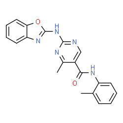 ChemSpider 2D Image | 2-(1,3-Benzoxazol-2-ylamino)-4-methyl-N-(2-methylphenyl)-5-pyrimidinecarboxamide | C20H17N5O2