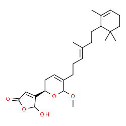 ChemSpider 2D Image | 2(5H)-furanone, 4-[(2R)-3,6-dihydro-6-methoxy-5-[(3E)-4-methyl-6-(2,6,6-trimethyl-2-cyclohexen-1-yl)-3-hexenyl]-2H-pyran-2-yl]-5-hydroxy- | C26H38O5