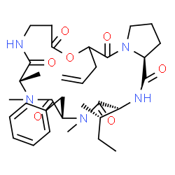 ChemSpider 2D Image | (3S,6S,9S,21aS)-16-Allyl-6-benzyl-3-[(2S)-2-butanyl]-5,8,9-trimethyldodecahydropyrrolo[1,2-d][1,4,7,10,13,16]oxapentaazacyclononadecine-1,4,7,10,14,17(11H,16H)-hexone | C33H47N5O7