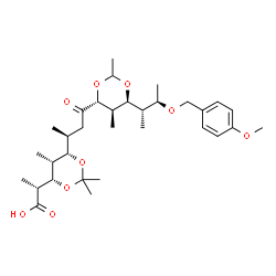 ChemSpider 2D Image | (5S)-2,4-Dideoxy-3,5-O-isopropylidene-5-C-{(2S)-4-[(4R,5R,6S)-6-{(2S,3R)-3-[(4-methoxybenzyl)oxy]-2-butanyl}-2,5-dimethyl-1,3-dioxan-4-yl]-4-oxo-2-butanyl}-2,4-dimethyl-D-xylonic acid | C32H50O9