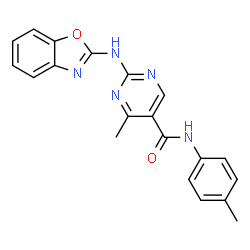 ChemSpider 2D Image | 2-(1,3-Benzoxazol-2-ylamino)-4-methyl-N-(4-methylphenyl)-5-pyrimidinecarboxamide | C20H17N5O2