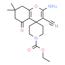 ChemSpider 2D Image | Ethyl 2-amino-3-cyano-7,7-dimethyl-5-oxo-5,6,7,8-tetrahydro-1'H-spiro[chromene-4,4'-piperidine]-1'-carboxylate | C19H25N3O4