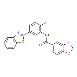 ChemSpider 2D Image | N-[5-(1,3-Benzothiazol-2-yl)-2-methylphenyl]-1,3-benzodioxole-5-carboxamide | C22H16N2O3S