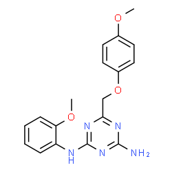 ChemSpider 2D Image | 6-[(4-Methoxyphenoxy)methyl]-N-(2-methoxyphenyl)-1,3,5-triazine-2,4-diamine | C18H19N5O3