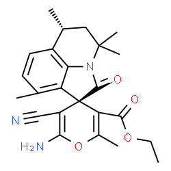 ChemSpider 2D Image | Ethyl (4R,6'R)-6-amino-5-cyano-2,4',4',6',9'-pentamethyl-2'-oxo-5',6'-dihydro-4'H-spiro[pyran-4,1'-pyrrolo[3,2,1-ij]quinoline]-3-carboxylate | C24H27N3O4