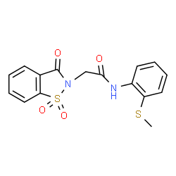 ChemSpider 2D Image | 2-(1,1-Dioxido-3-oxo-1,2-benzothiazol-2(3H)-yl)-N-[2-(methylsulfanyl)phenyl]acetamide | C16H14N2O4S2